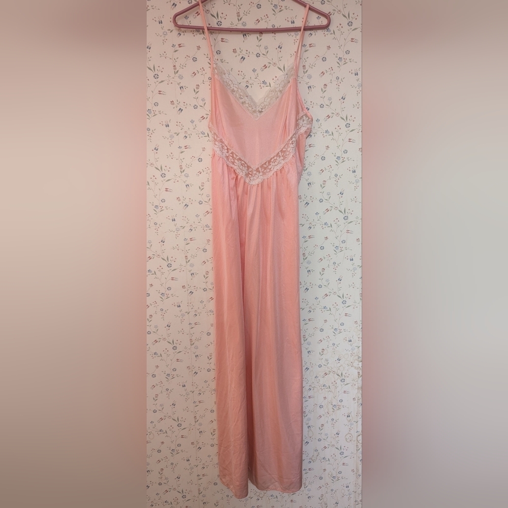 Petra Slip Dress White Floral Lace Panel 1970 Maxi Nylon Large Nightgown US